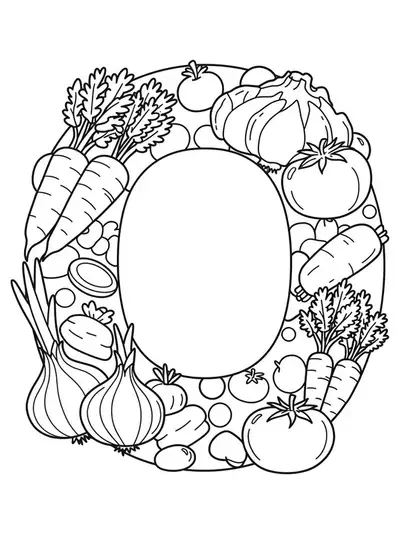 Coloring page of the letter O surrounded by easy drawings of onions, carrots, and a tomato.