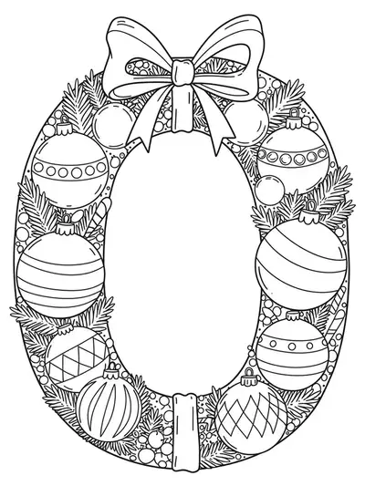 Easy coloring page of the letter O decorated with Christmas ornaments and a bow.
