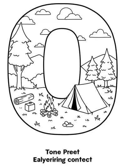 Coloring page of the letter O with a tent, campfire, and trees for a camping scene.