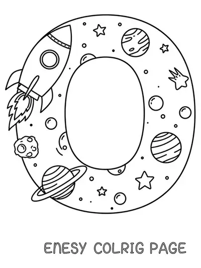 Easy coloring page of the letter O with a rocket, stars, and planets around it.