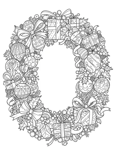 Detailed Letter O coloring page with Christmas ornaments, holly, ribbons, and snowflakes.