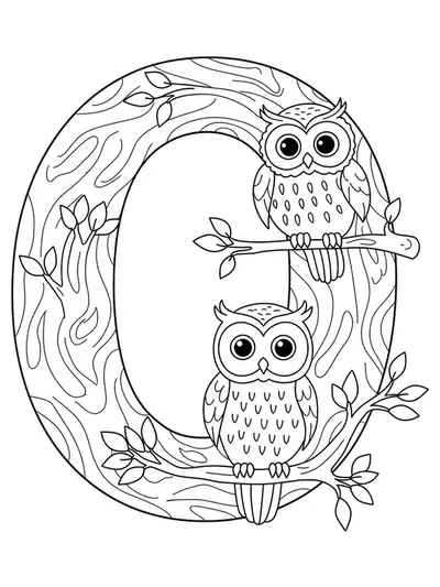 Coloring page showing the letter O with two owls sitting on a tree branch, big shapes and clear lines.