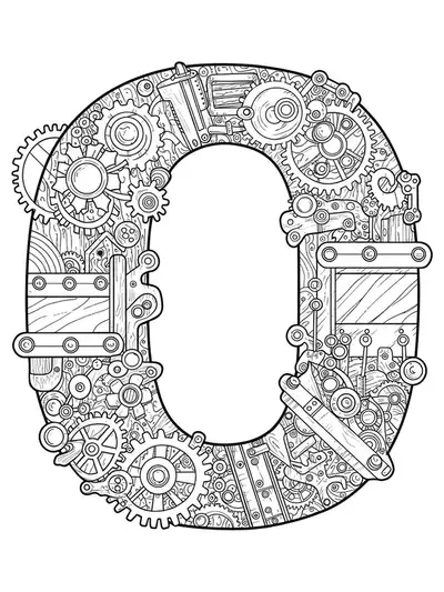 Letter O with gears, cogs, and steampunk mechanical elements, medium complexity, black and white line art.