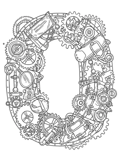 Letter O decorated with medium complexity steampunk gears, cogs, and gadgets.