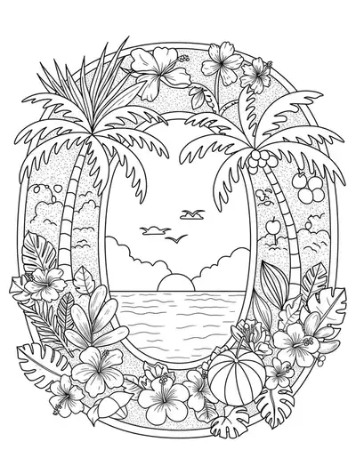 Letter O with palm trees, exotic flowers, and beach elements in medium complexity black and white line art.