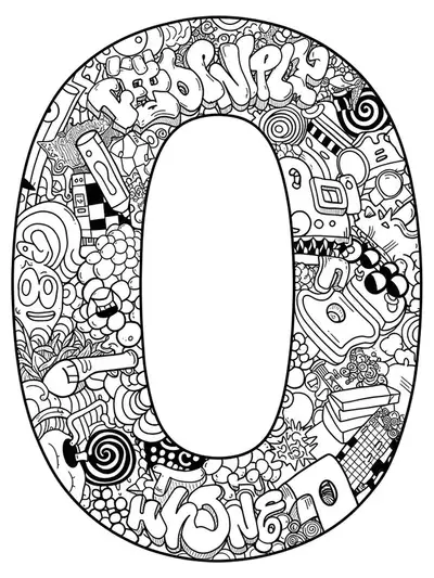 Letter O decorated with medium complexity urban graffiti elements and street art motifs.