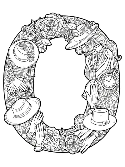 The letter O with vintage fashion items like hats, gloves, and pocket watches, black and white, medium detail.