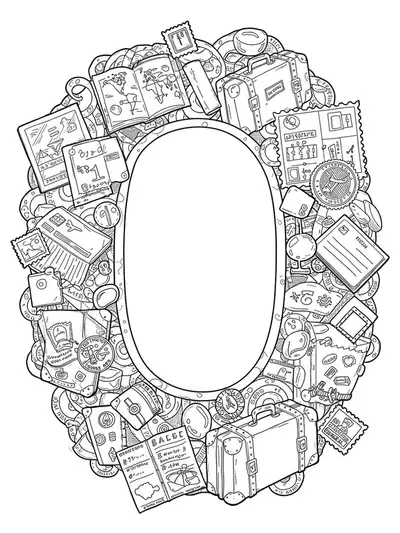 Letter O decorated with medium complexity vintage travel postcard elements and stamps.