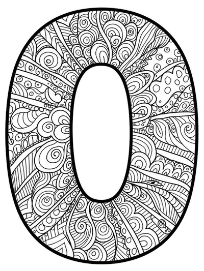 The letter O with intricate zen doodle patterns, abstract and symmetrical, medium detail for adult coloring.