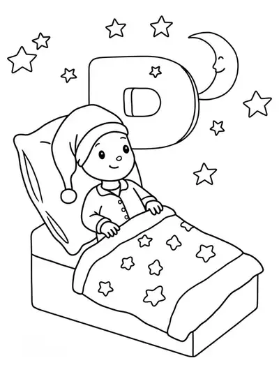 Line art of the letter P wearing pajamas, with a pillow, blanket, moon, and stars.