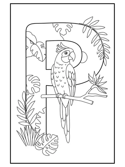 A large letter P with a cartoon parrot on a branch and jungle leaves, outlined simply.