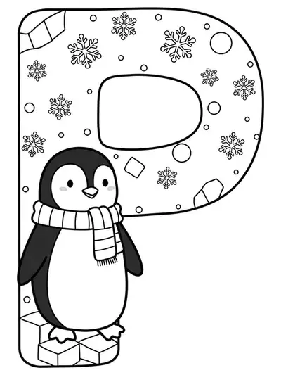 Line art of a smiling letter P with a penguin, snowflakes, scarves, and ice blocks.
