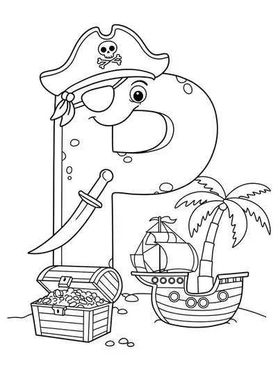 Line art of the letter P as a pirate with hat and patch, treasure chest, ship, and palm tree.