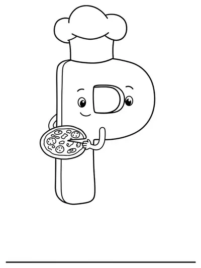 Line art of the letter P making a pizza with toppings and chef's hat.