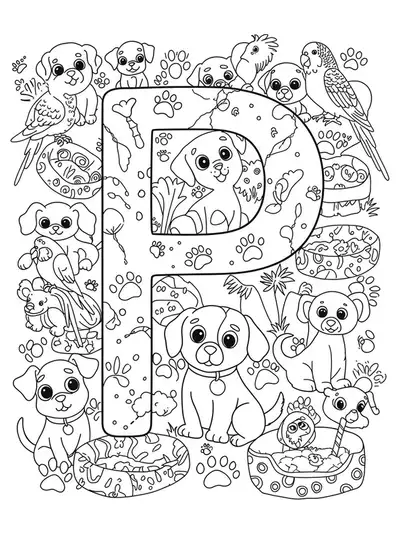 Letter P with puppies, parakeets, pet beds, and paw prints in intricate patterns.