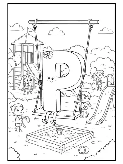 Line art of the letter P on a swing, with slides, sandbox, and children playing.