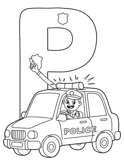 Line art of the letter P as a police officer, driving a police car with lights and a badge.