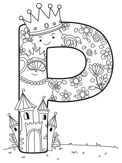 Line art of the letter P as a princess with a crown, palace, and flowers.