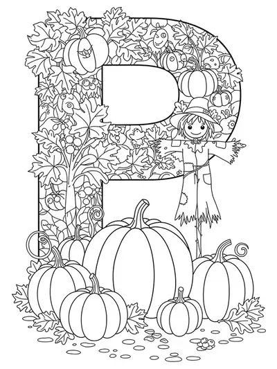 Line art of the letter P in a pumpkin patch with pumpkins, leaves, and a scarecrow.