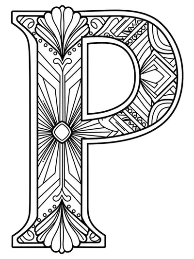 Large letter P with simple Art Deco geometric shapes and clean lines, designed for adult coloring.