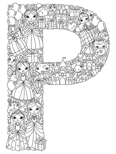 Intricate Letter P with princess, palace, gifts, and party decorations for preschoolers.