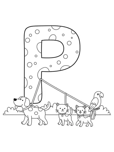 Line art of the letter P leading a parade of pets including a dog, cat, and parrot.