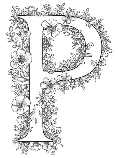 Letter P decorated with garden-inspired botanicals for adult coloring.