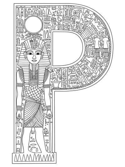 Ancient Egyptian pharaoh, hieroglyphics, pyramids, and motifs surrounding letter P for teen coloring.