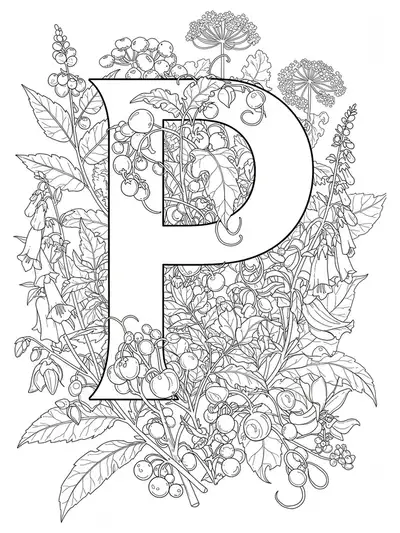 Intricate poisonous plants like nightshade and foxglove spiraling around letter P for teen coloring.