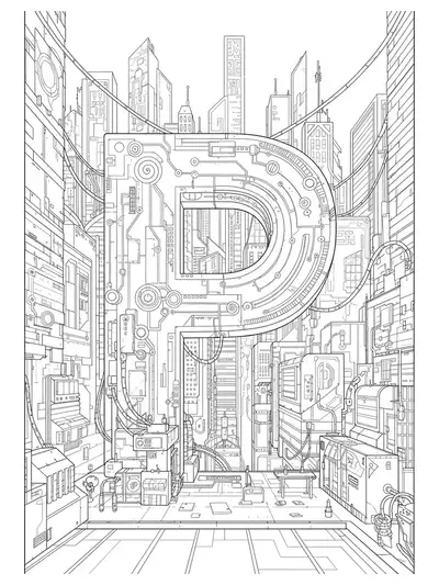 Futuristic cyberpunk cityscape with intricate buildings and digital patterns around letter P coloring page.