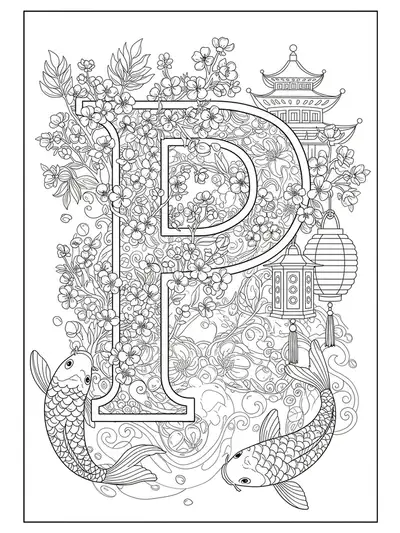 Intricate Japanese sakura garden with cherry blossoms, koi fish, and lanterns surrounding letter P.