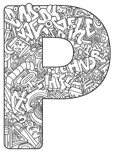 Intricate graffiti-style letter P with abstract shapes and doodle patterns as a hard coloring page for teens.