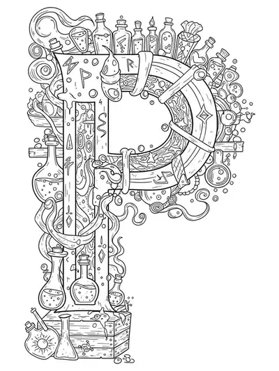 Intricate alchemy lab with potion bottles, magical symbols, and swirling smoke around letter P.