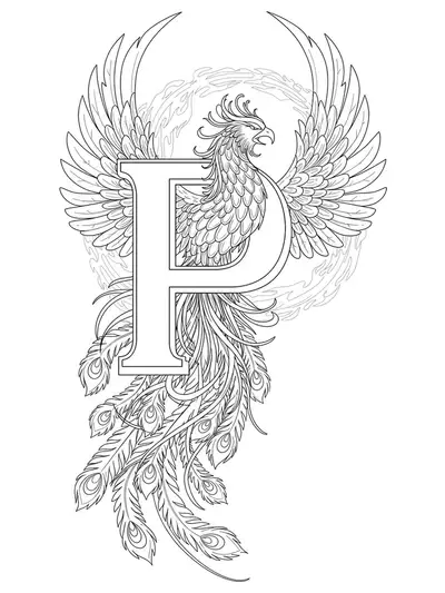 Detailed mythical phoenix entwined around the letter P with intricate feathers and flames for teens.