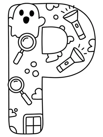 Letter P with ghost, magnifying glass, and flashlight icons for a paranormal mystery coloring page.
