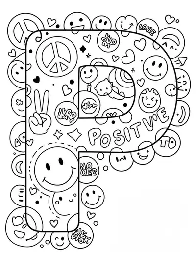 Letter P with peace signs, smiley faces, and positive words drawn around it for coloring.