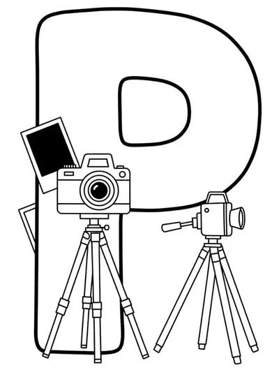 Letter P with a camera, instant photos, and a tripod for a photography-themed coloring page.