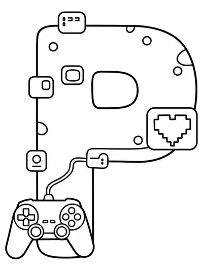 Letter P in pixel squares with game controller and heart icons for a gaming coloring page.