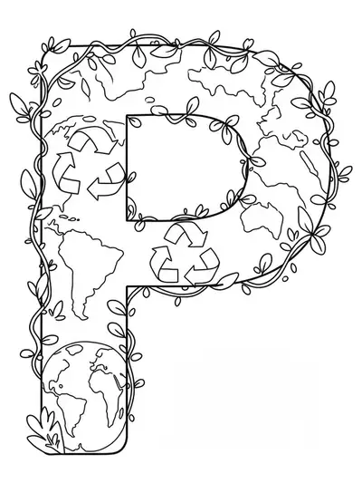 Letter P with Earth, recycle icons, and leaves, forming an environmental awareness coloring page.