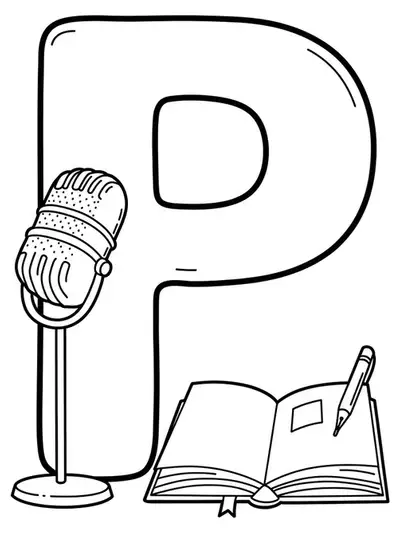 Letter P with microphone, quill, and open book icons for a poetry-themed coloring page.