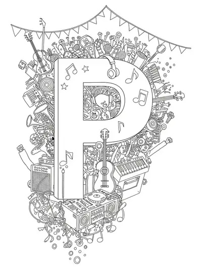 Intricate music festival scene with instruments, DJ gear, and crowd around letter P for teens.