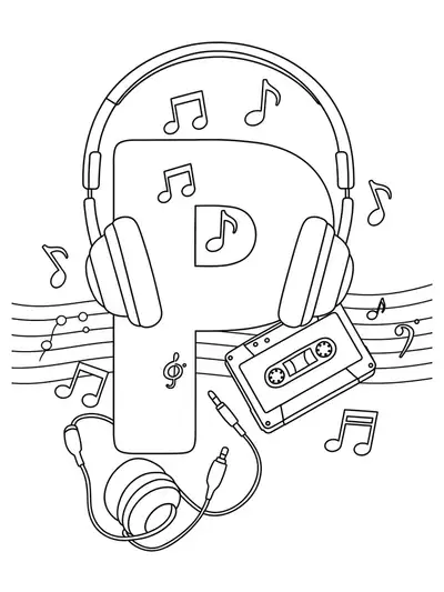 Large letter P with headphones, cassette tape, and music notes as a simple coloring page.