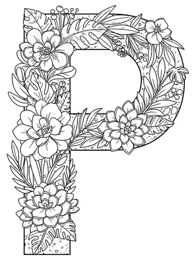 Letter P surrounded by large leaves, flowers, and succulents in an easy plant-themed coloring page.