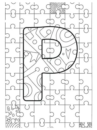 Letter P surrounded by large puzzle piece outlines and simple geometric patterns.