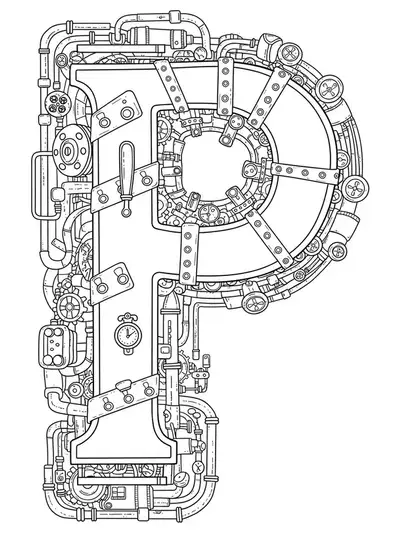 Intricate steampunk-themed letter P with gears and gadgets as a hard coloring page for teens.