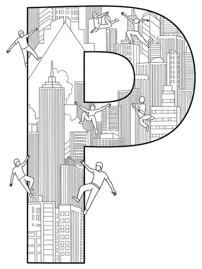 Intricate parkour figures moving around letter P with detailed urban backgrounds for teen coloring.