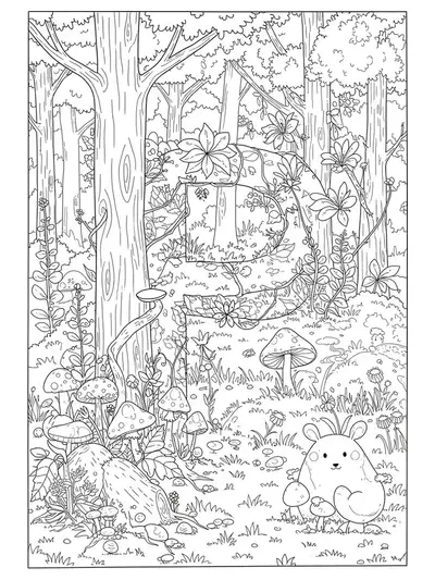 Letter P surrounded by enchanted forest elements for adult coloring.