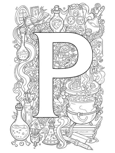 Magical potion lab letter P coloring page with cauldrons, bottles, smoke, and magical symbols.
