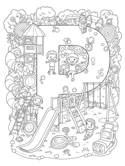 Printable playground-themed coloring page with letter P, slides, swings, and playing children, all with fine details.