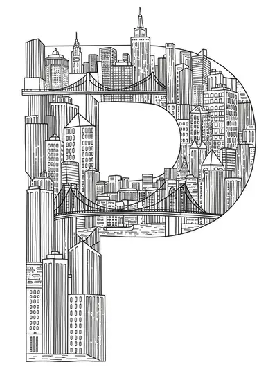 Abstract cityscape skyline with buildings and bridges forming and surrounding the letter P